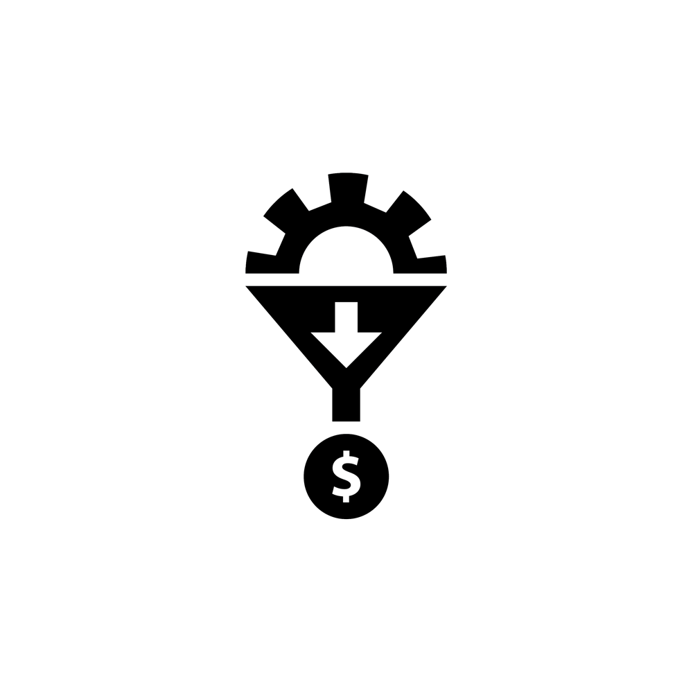 icon displys a gear (assumed turning) above a funnel with an arrow pointing down towards a round coin labeled with a $ sign.