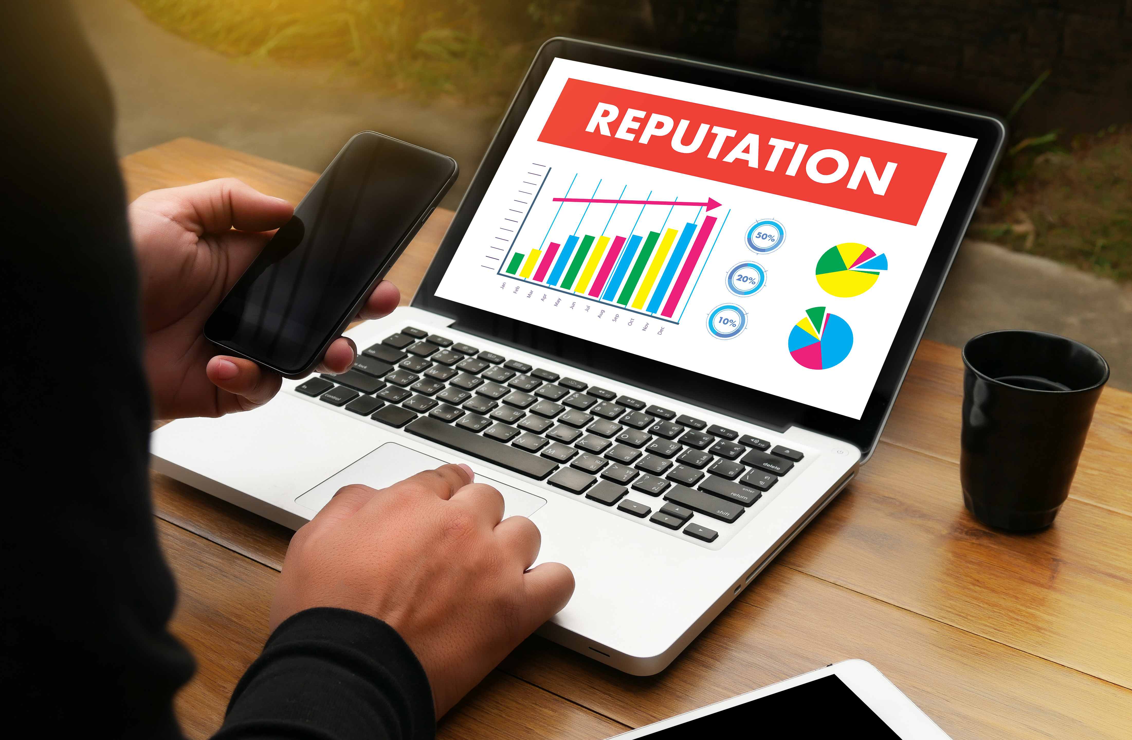 Displays an image of a person sitting in front of a laptop computer using their phone. The laptop displays the word 'reputation' and a bar chart with an positive increase.